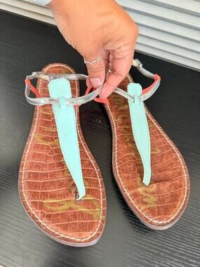 Sam Edelman Gigi Thong Sandals Silver Mint Coral Women’s Size 10